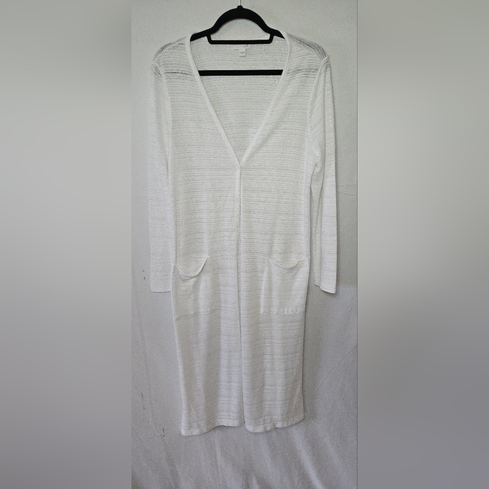 J. Jill Women's Medium White Long Button Cardigan Duster Lightweight Semi Sheer